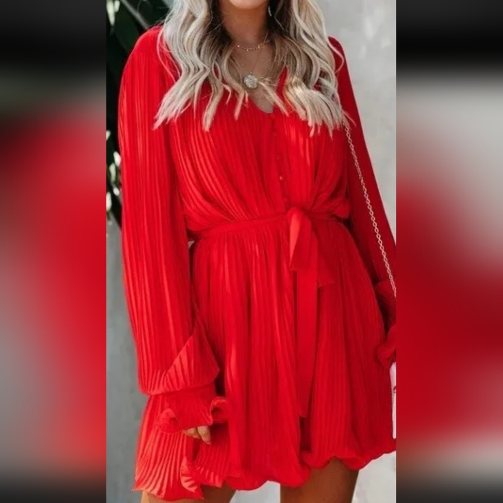 Endless Rose Womens Red Pleated Long Sleeve Chiffon Mini Dress Size Large